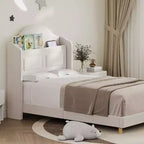 COZONY Letto Matrimoniale per Bambini, Letto a Piattaforma da Principessa Imbottito in Velluto con Testiera a Onde, Libreria Contenitore e Luce a LED, Nessuna Molla Necessaria