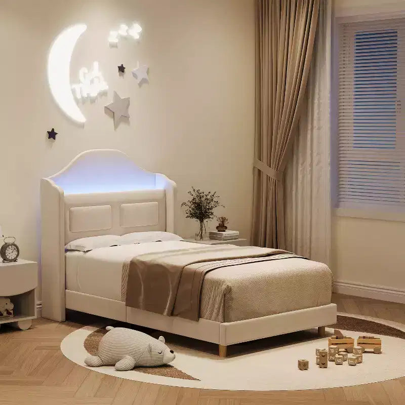 COZONY Letto Matrimoniale per Bambini, Letto a Piattaforma da Principessa Imbottito in Velluto con Testiera a Onde, Libreria Contenitore e Luce a LED, Nessuna Molla Necessaria
