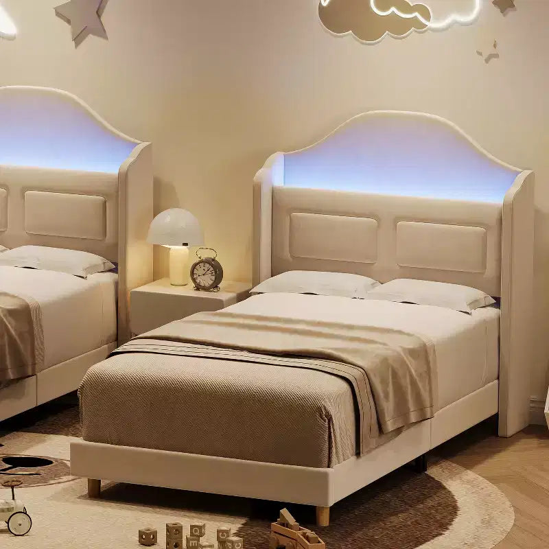 COZONY Letto Matrimoniale per Bambini, Letto a Piattaforma da Principessa Imbottito in Velluto con Testiera a Onde, Libreria Contenitore e Luce a LED, Nessuna Molla Necessaria