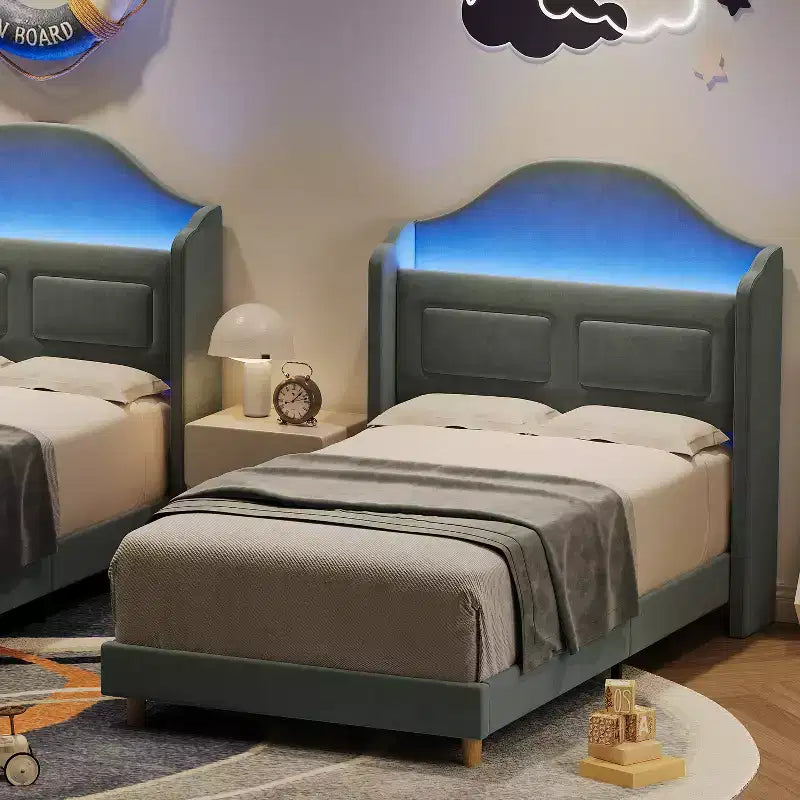 COZONY Letto Matrimoniale per Bambini, Letto a Piattaforma da Principessa Imbottito in Velluto con Testiera a Onde, Libreria Contenitore e Luce a LED, Nessuna Molla Necessaria