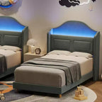 COZONY Letto Matrimoniale per Bambini, Letto a Piattaforma da Principessa Imbottito in Velluto con Testiera a Onde, Libreria Contenitore e Luce a LED, Nessuna Molla Necessaria