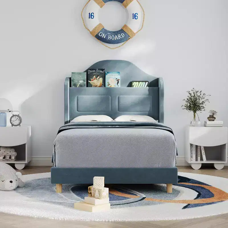 COZONY Letto Matrimoniale per Bambini, Letto a Piattaforma da Principessa Imbottito in Velluto con Testiera a Onde, Libreria Contenitore e Luce a LED, Nessuna Molla Necessaria