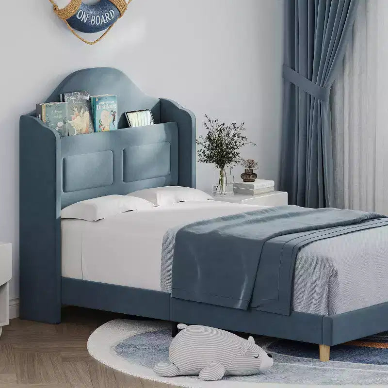 COZONY Letto Matrimoniale per Bambini, Letto a Piattaforma da Principessa Imbottito in Velluto con Testiera a Onde, Libreria Contenitore e Luce a LED, Nessuna Molla Necessaria