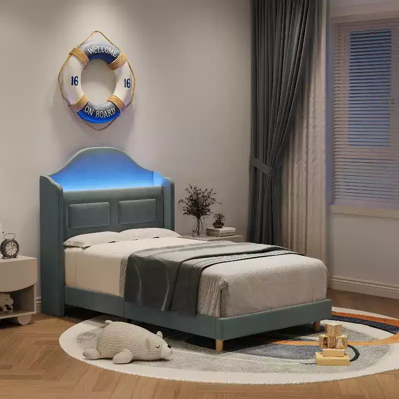 COZONY Letto Matrimoniale per Bambini, Letto a Piattaforma da Principessa Imbottito in Velluto con Testiera a Onde, Libreria Contenitore e Luce a LED, Nessuna Molla Necessaria