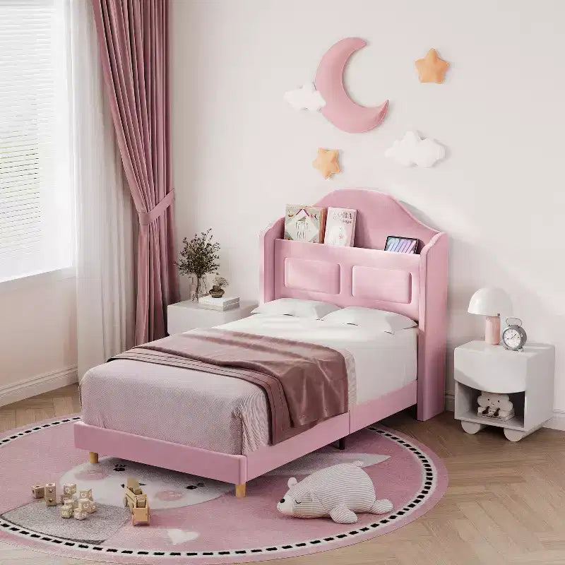 COZONY Letto Matrimoniale per Bambini, Letto a Piattaforma da Principessa Imbottito in Velluto con Testiera a Onde, Libreria Contenitore e Luce a LED, Nessuna Molla Necessaria