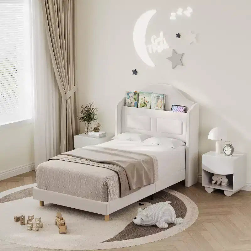 COZONY Letto Matrimoniale per Bambini, Letto a Piattaforma da Principessa Imbottito in Velluto con Testiera a Onde, Libreria Contenitore e Luce a LED, Nessuna Molla Necessaria