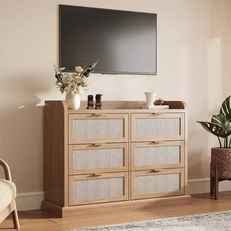 Cassettiera a 6 cassetti in vimini - Stile rustico con piano rialzato, mobiletto salvaspazio sottile e resistente per la casa