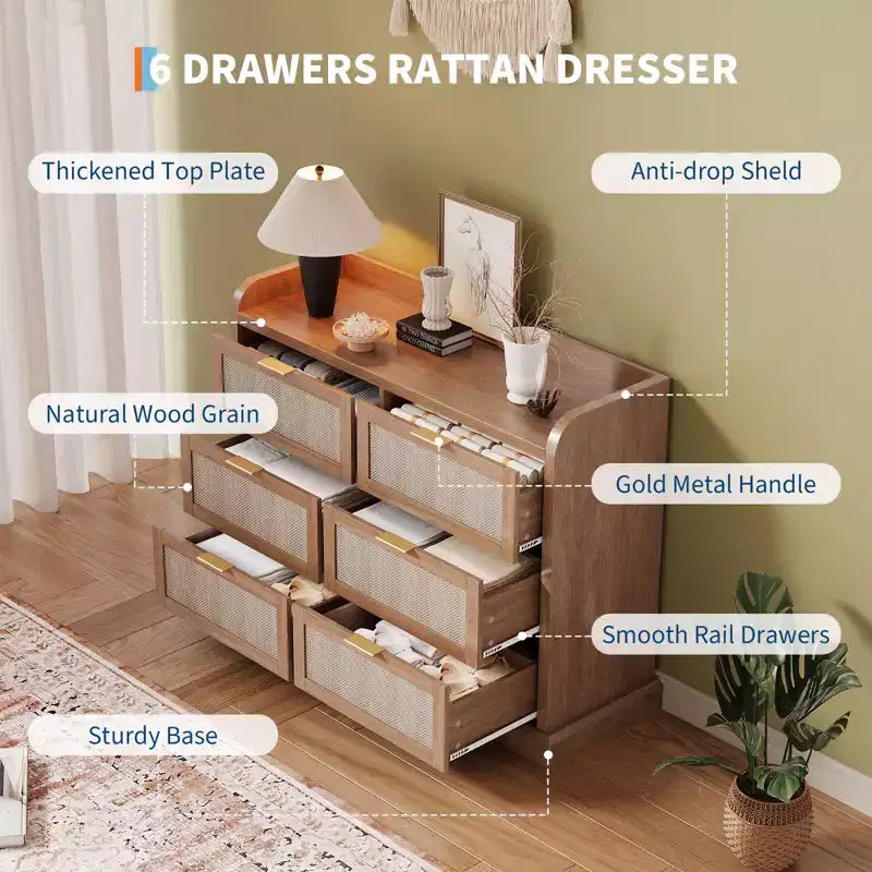 Cassettiera a 6 cassetti in vimini - Stile rustico con piano rialzato, mobiletto salvaspazio sottile e resistente per la casa