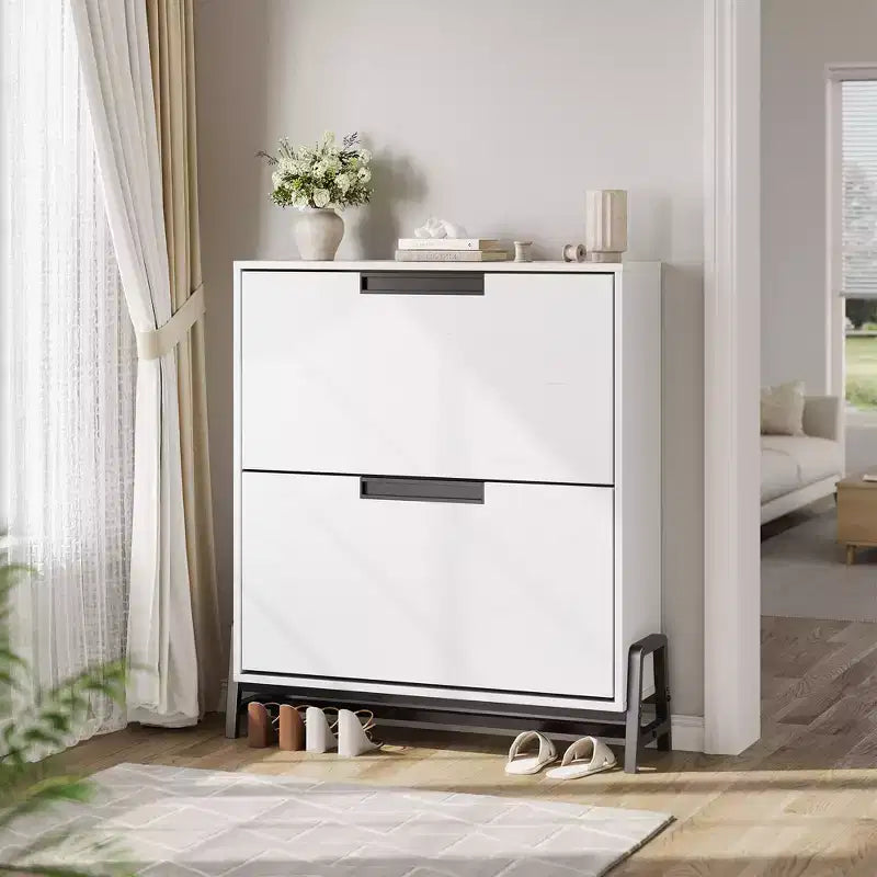2 Flip Drawers - with Metal Legs, Adjustable Shelf, Shoe Storage Cabinet for Hallway, Living Room,