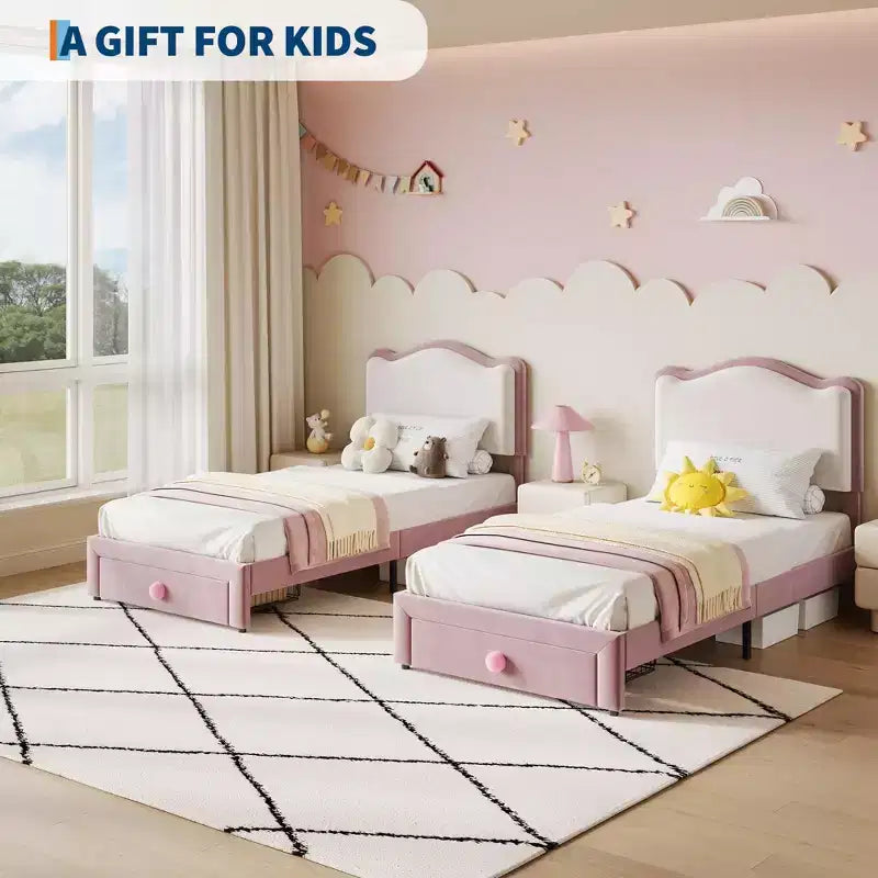 Struttura Letto a Piattaforma una Piazza e Mezza "Princess" con Cassetto Contenitore, Nessuna Rete a Molle Necessaria, Testiera Imbottita per Bambini e Ragazze