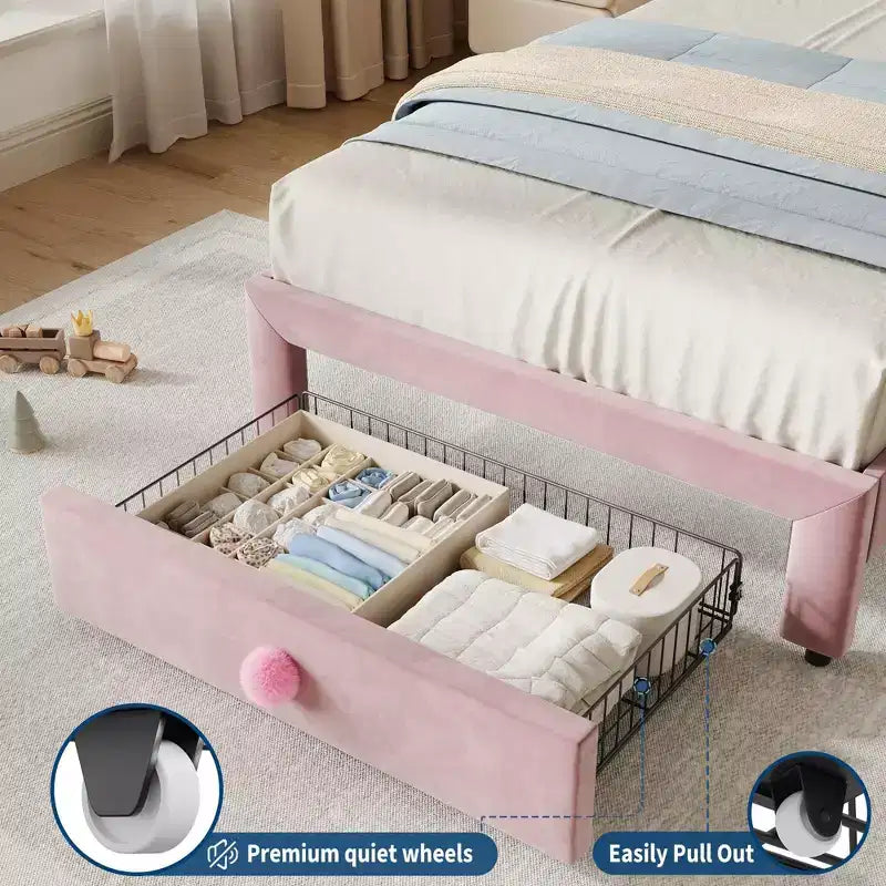 Struttura Letto a Piattaforma una Piazza e Mezza "Princess" con Cassetto Contenitore, Nessuna Rete a Molle Necessaria, Testiera Imbottita per Bambini e Ragazze