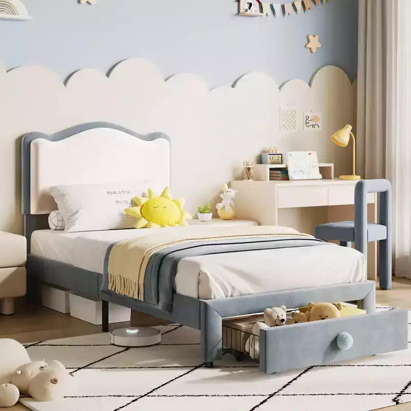Struttura Letto a Piattaforma una Piazza e Mezza "Princess" con Cassetto Contenitore, Nessuna Rete a Molle Necessaria, Testiera Imbottita per Bambini e Ragazze