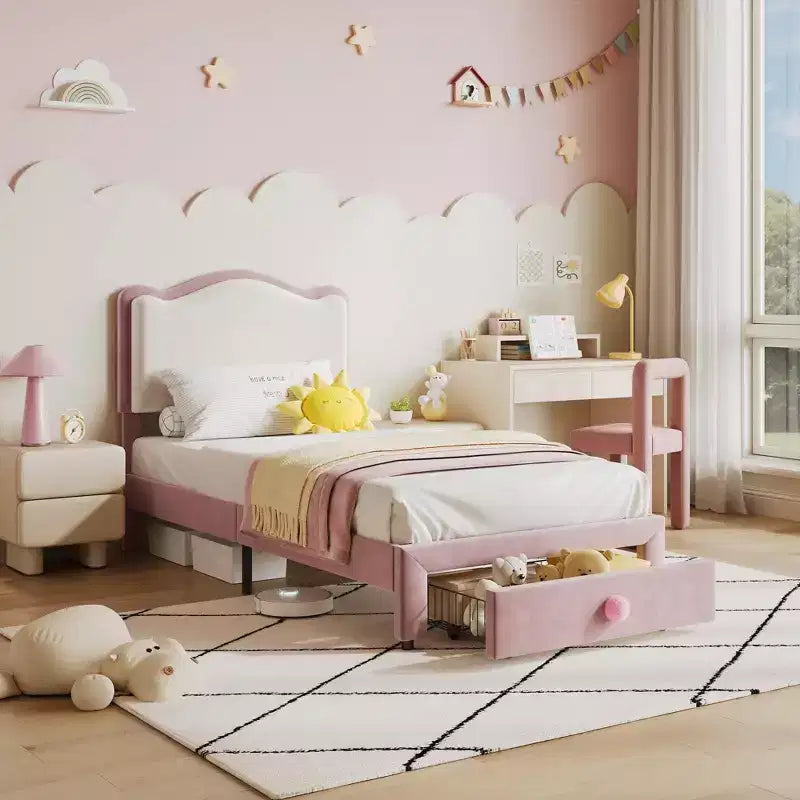 Struttura Letto a Piattaforma una Piazza e Mezza "Princess" con Cassetto Contenitore, Nessuna Rete a Molle Necessaria, Testiera Imbottita per Bambini e Ragazze