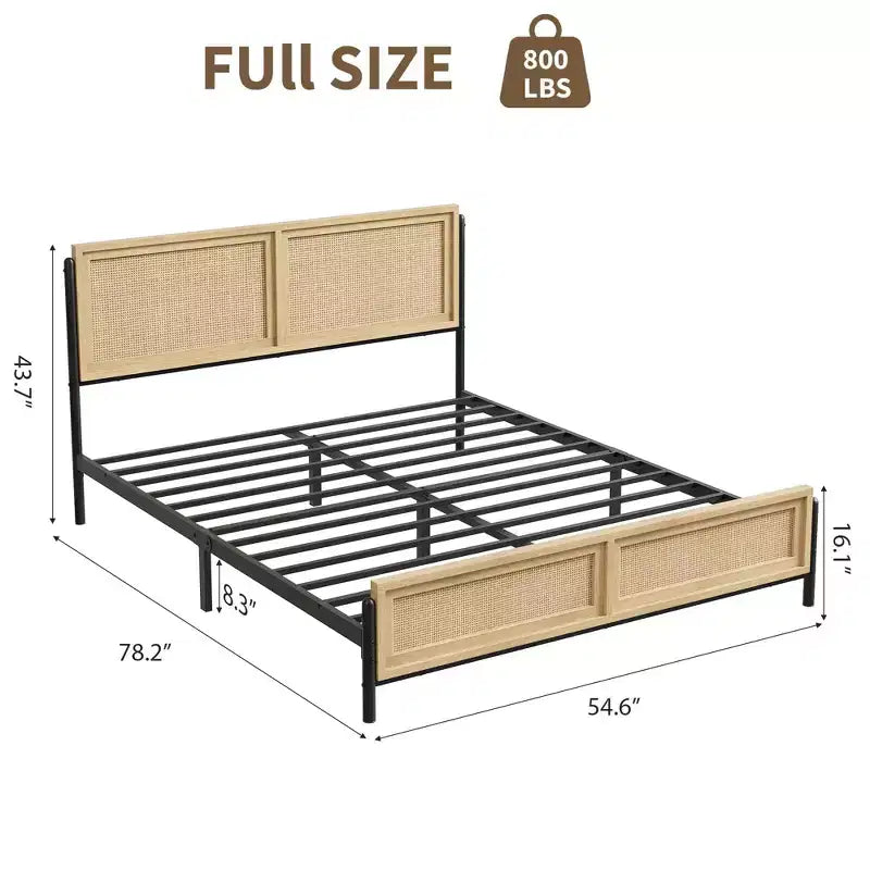 Struttura letto in rattan Boho con testiera e pediera, nessun sommier richiesto, finitura naturale