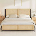 Struttura letto in rattan Boho con testiera e pediera, nessun sommier richiesto, finitura naturale