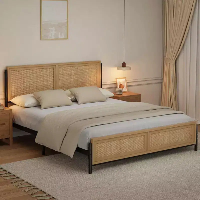 Struttura letto in rattan Boho con testiera e pediera, nessun sommier richiesto, finitura naturale