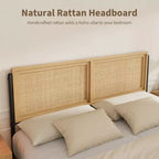 Struttura letto in rattan Boho con testiera e pediera, nessun sommier richiesto, finitura naturale
