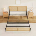 Struttura letto in rattan Boho con testiera e pediera, nessun sommier richiesto, finitura naturale