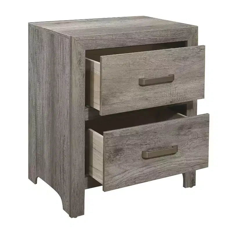 Comodino per camera da letto con estetica di transizione impiallacciatura in simil legno finitura grigio anticato ferramenta in nichel tavolino da notte