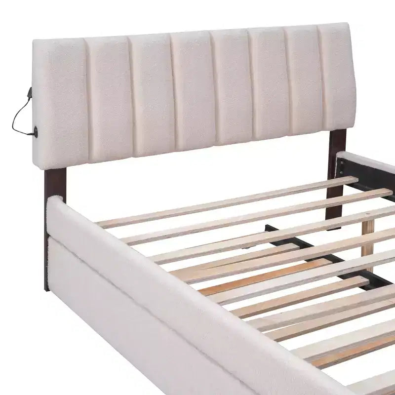 Letto Imbottito con Piattaforma e Letto Estraibile (Full/Queen), Struttura Letto Moderna in Pile Teddy con Luce a LED