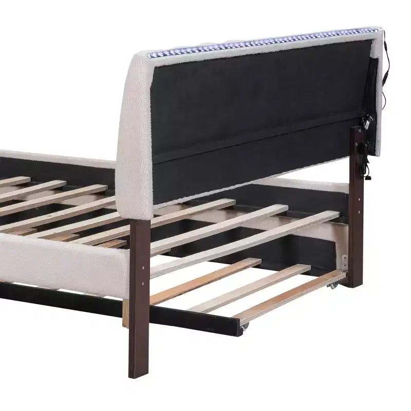 Letto Imbottito con Piattaforma e Letto Estraibile (Full/Queen), Struttura Letto Moderna in Pile Teddy con Luce a LED
