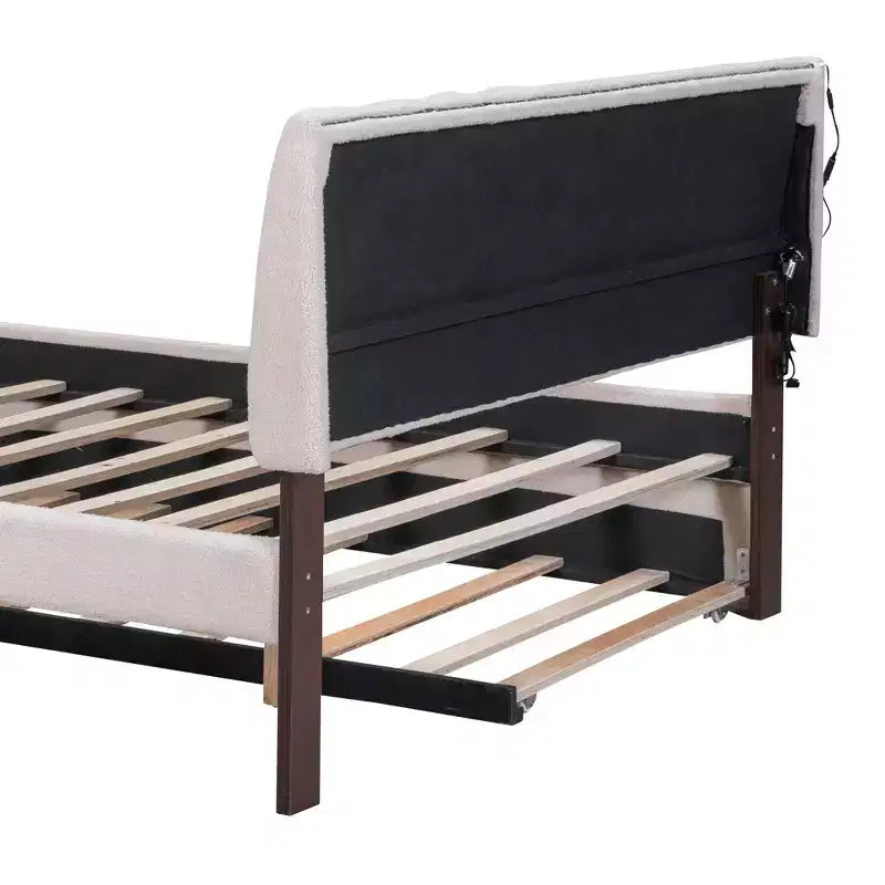 Letto Imbottito con Piattaforma e Letto Estraibile (Full/Queen), Struttura Letto Moderna in Pile Teddy con Luce a LED