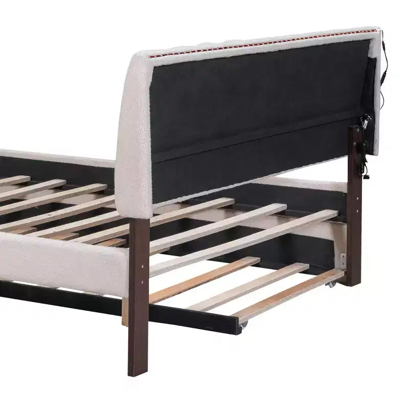 Letto Imbottito con Piattaforma e Letto Estraibile (Full/Queen), Struttura Letto Moderna in Pile Teddy con Luce a LED