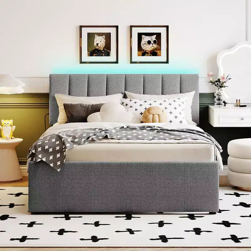 Letto Imbottito con Piattaforma e Letto Estraibile (Full/Queen), Struttura Letto Moderna in Pile Teddy con Luce a LED