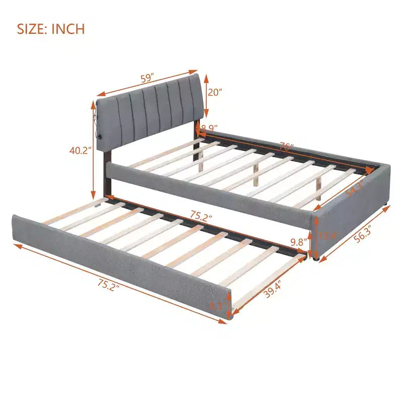 Letto Imbottito con Piattaforma e Letto Estraibile (Full/Queen), Struttura Letto Moderna in Pile Teddy con Luce a LED