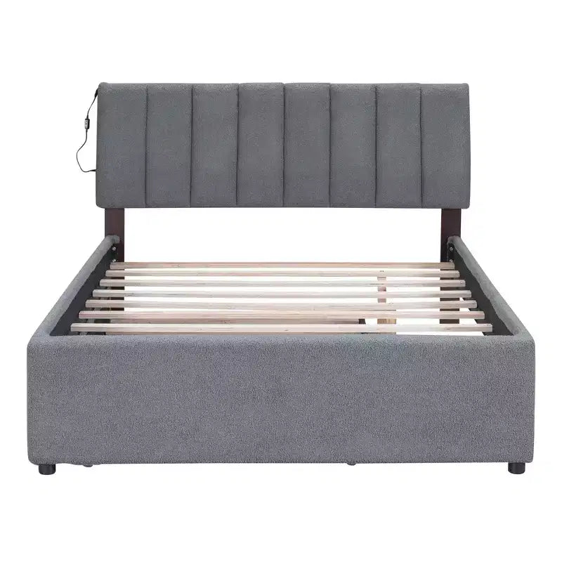 Letto Imbottito con Piattaforma e Letto Estraibile (Full/Queen), Struttura Letto Moderna in Pile Teddy con Luce a LED