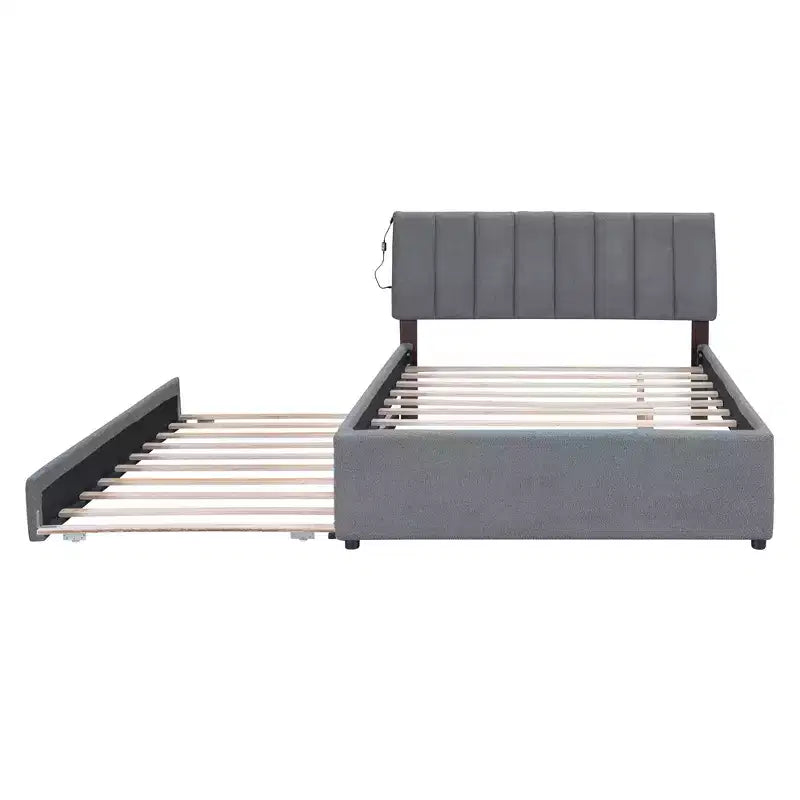 Letto Imbottito con Piattaforma e Letto Estraibile (Full/Queen), Struttura Letto Moderna in Pile Teddy con Luce a LED
