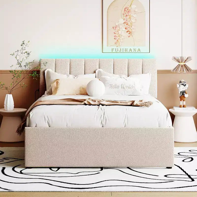 Letto Imbottito con Piattaforma e Letto Estraibile (Full/Queen), Struttura Letto Moderna in Pile Teddy con Luce a LED
