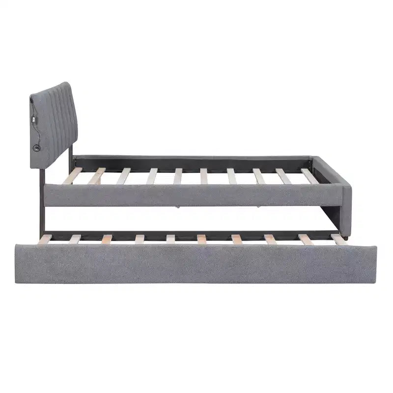 Letto Imbottito con Piattaforma e Letto Estraibile (Full/Queen), Struttura Letto Moderna in Pile Teddy con Luce a LED