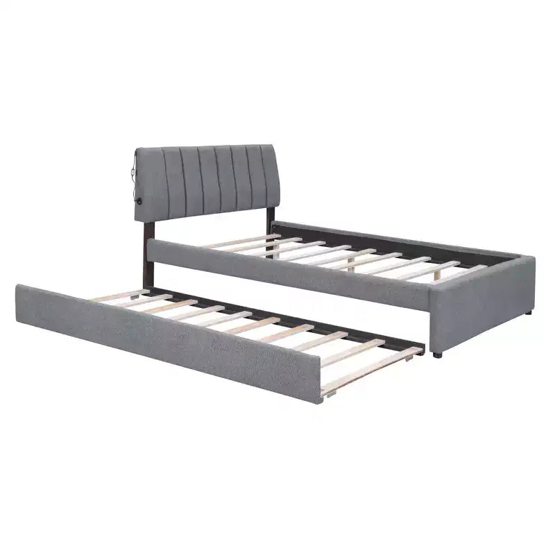 Letto Imbottito con Piattaforma e Letto Estraibile (Full/Queen), Struttura Letto Moderna in Pile Teddy con Luce a LED