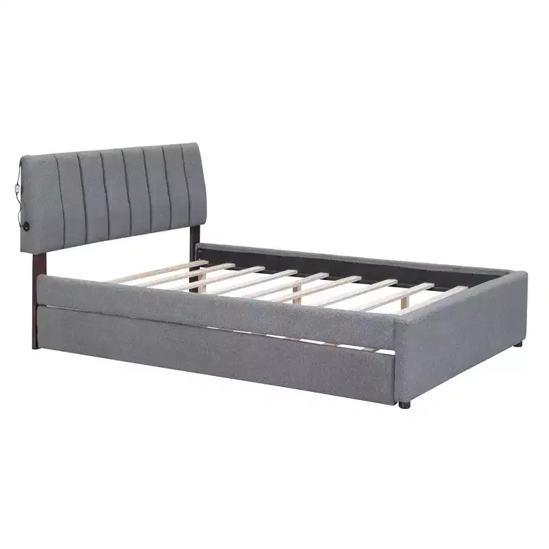 Letto Imbottito con Piattaforma e Letto Estraibile (Full/Queen), Struttura Letto Moderna in Pile Teddy con Luce a LED