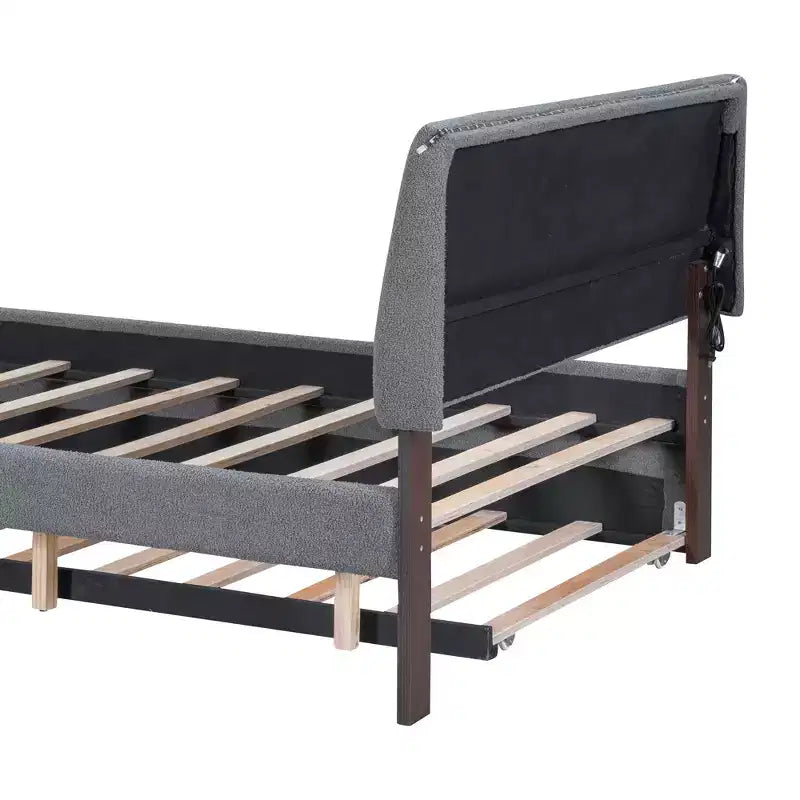 Letto Imbottito con Piattaforma e Letto Estraibile (Full/Queen), Struttura Letto Moderna in Pile Teddy con Luce a LED