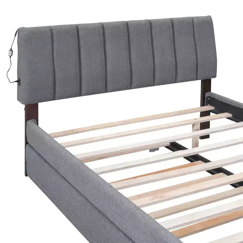Letto Imbottito con Piattaforma e Letto Estraibile (Full/Queen), Struttura Letto Moderna in Pile Teddy con Luce a LED