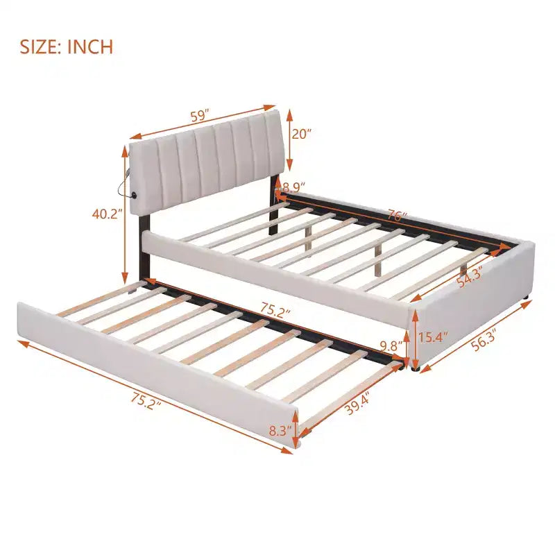 Letto Imbottito con Piattaforma e Letto Estraibile (Full/Queen), Struttura Letto Moderna in Pile Teddy con Luce a LED