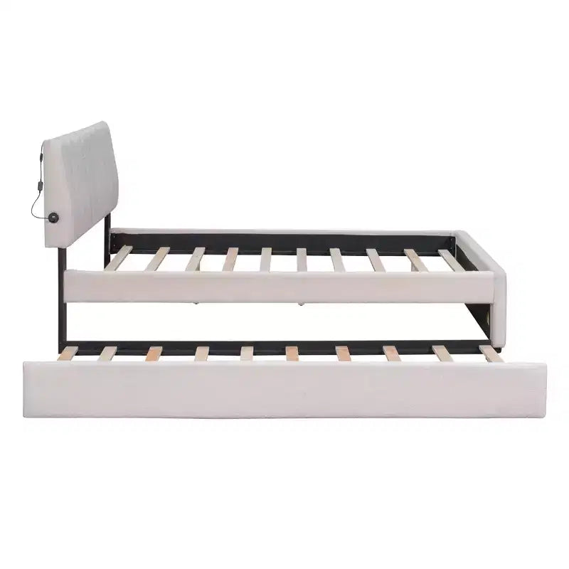 Letto Imbottito con Piattaforma e Letto Estraibile (Full/Queen), Struttura Letto Moderna in Pile Teddy con Luce a LED