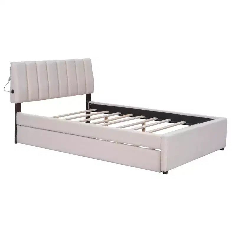 Letto Imbottito con Piattaforma e Letto Estraibile (Full/Queen), Struttura Letto Moderna in Pile Teddy con Luce a LED