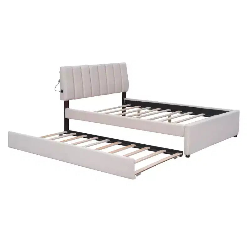 Letto Imbottito con Piattaforma e Letto Estraibile (Full/Queen), Struttura Letto Moderna in Pile Teddy con Luce a LED