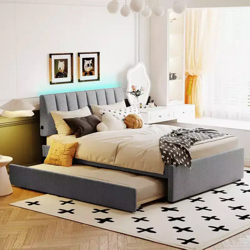 Letto Imbottito con Piattaforma e Letto Estraibile (Full/Queen), Struttura Letto Moderna in Pile Teddy con Luce a LED