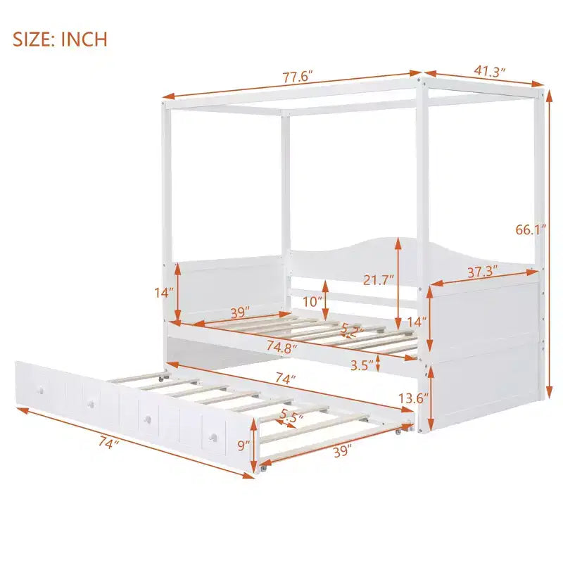 Letto a baldacchino singolo con letto estraibile, Struttura letto a giorno in legno singolo, Divano letto singolo, Struttura letto a piattaforma a 4 colonne, Bianco