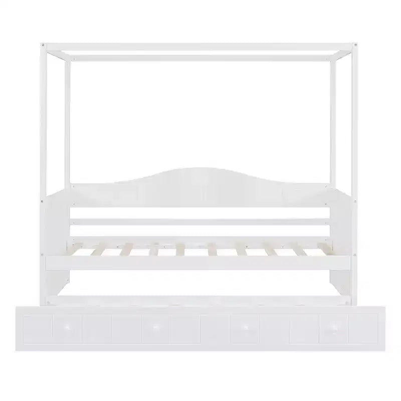 Letto a baldacchino singolo con letto estraibile, Struttura letto a giorno in legno singolo, Divano letto singolo, Struttura letto a piattaforma a 4 colonne, Bianco