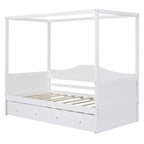 Letto a baldacchino singolo con letto estraibile, Struttura letto a giorno in legno singolo, Divano letto singolo, Struttura letto a piattaforma a 4 colonne, Bianco