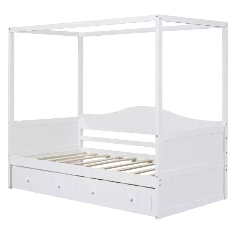 Letto a baldacchino singolo con letto estraibile, Struttura letto a giorno in legno singolo, Divano letto singolo, Struttura letto a piattaforma a 4 colonne, Bianco