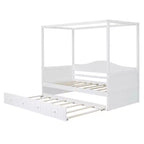 Letto a baldacchino singolo con letto estraibile, Struttura letto a giorno in legno singolo, Divano letto singolo, Struttura letto a piattaforma a 4 colonne, Bianco