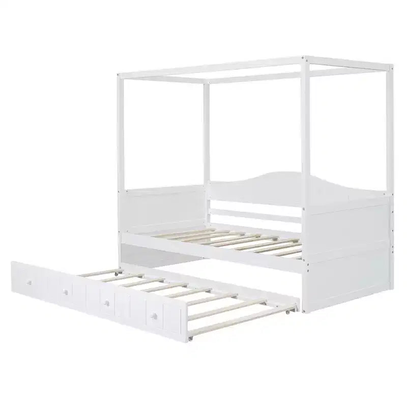 Letto a baldacchino singolo con letto estraibile, Struttura letto a giorno in legno singolo, Divano letto singolo, Struttura letto a piattaforma a 4 colonne, Bianco