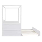 Letto a baldacchino singolo con letto estraibile, Struttura letto a giorno in legno singolo, Divano letto singolo, Struttura letto a piattaforma a 4 colonne, Bianco