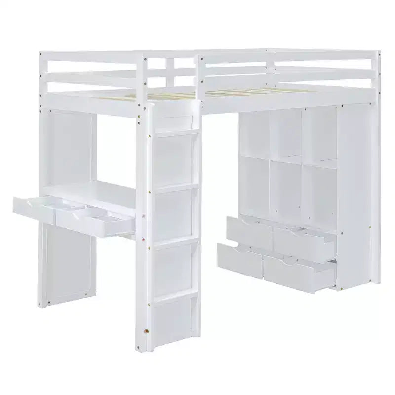 Bellemave Letto a soppalco a una piazza e mezza con ampie mensole, scrivania e luce LED, bianco